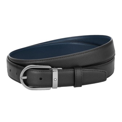Montblanc » Cintura Reversibile in Pelle nera/blu Stampa Saffiano 30 mm con fibbia a ferro di cavallo in rutenio lucido